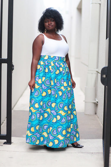 African Print Maxi - Teal/Yellow Geometric Print - Africas Closet
