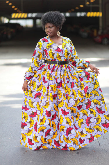 African Print Maxi Dress - White/Yellow /Red Floral Print. - Africas Closet