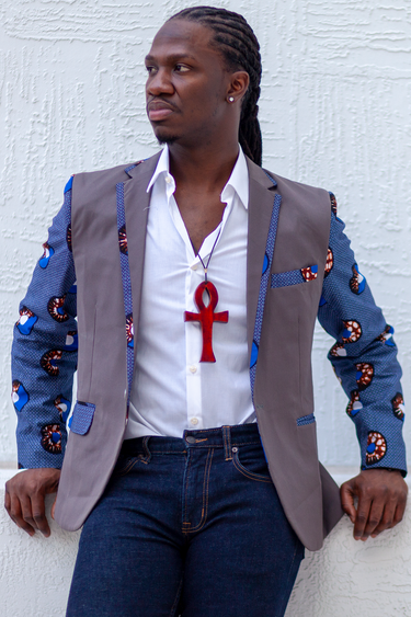 African Mens Blazer Jacket - Grey/Blue Circle (Concentric) Print - Africas Closet