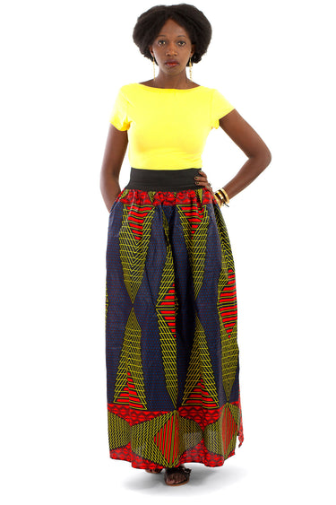 African Maxi Skirt - Red, Blue, Yellow Triangles Print - Africas Closet