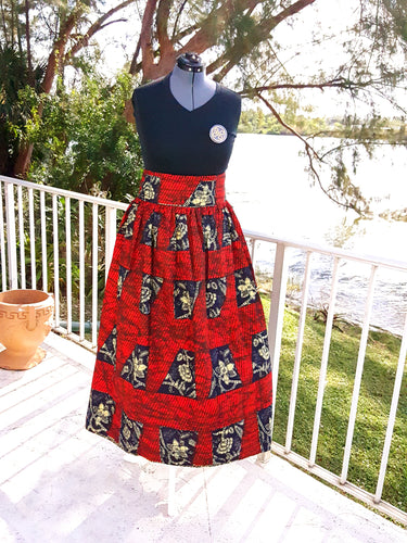 African Maxi Skirt - Red/Black Checkered Floral Print - Africas Closet