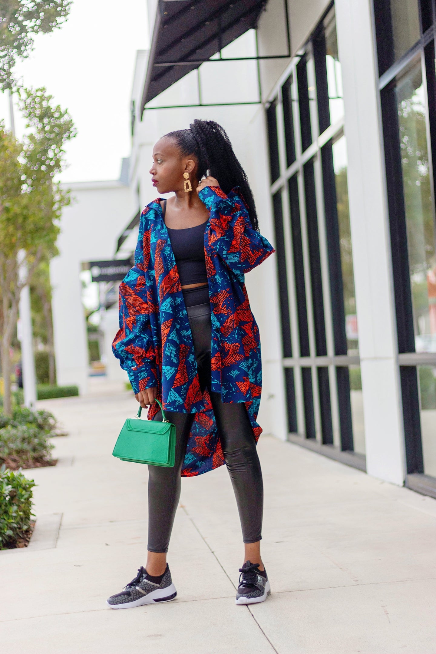 African Print/Ankara/Kitenge High-Low Oversized Shirt with Drop Sleeves and Pockets - Blue/Orange and Teal Abstract Print