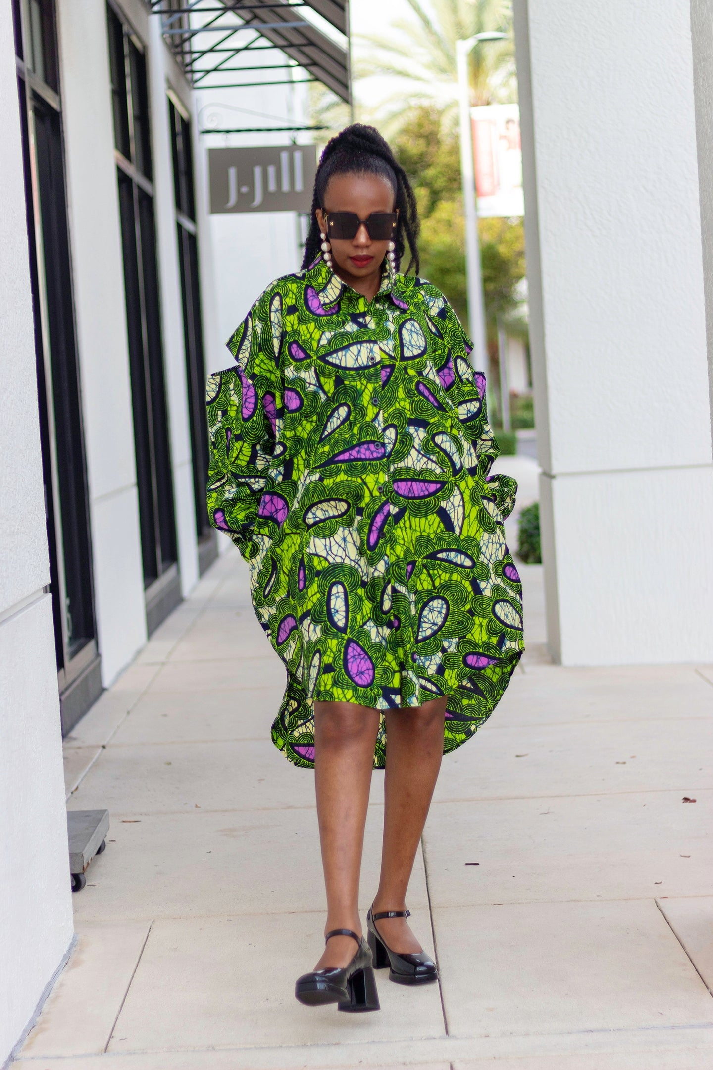 African Print/Ankara/Kitenge High-Low Oversized Shirt with Drop Sleeves and Pockets - Green/Purple/Cream White  and Black motif Print