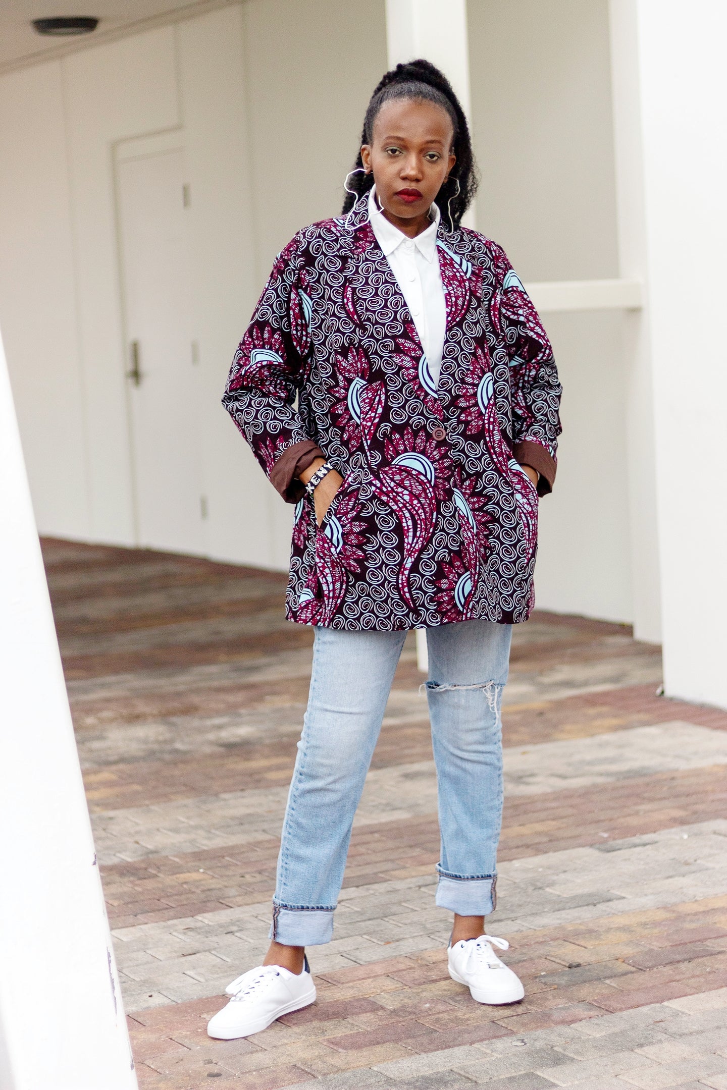 African Print/Ankara /Kitenge Women Blazer With Pockets  - Light Blue/Burgundy Floral Motif Print