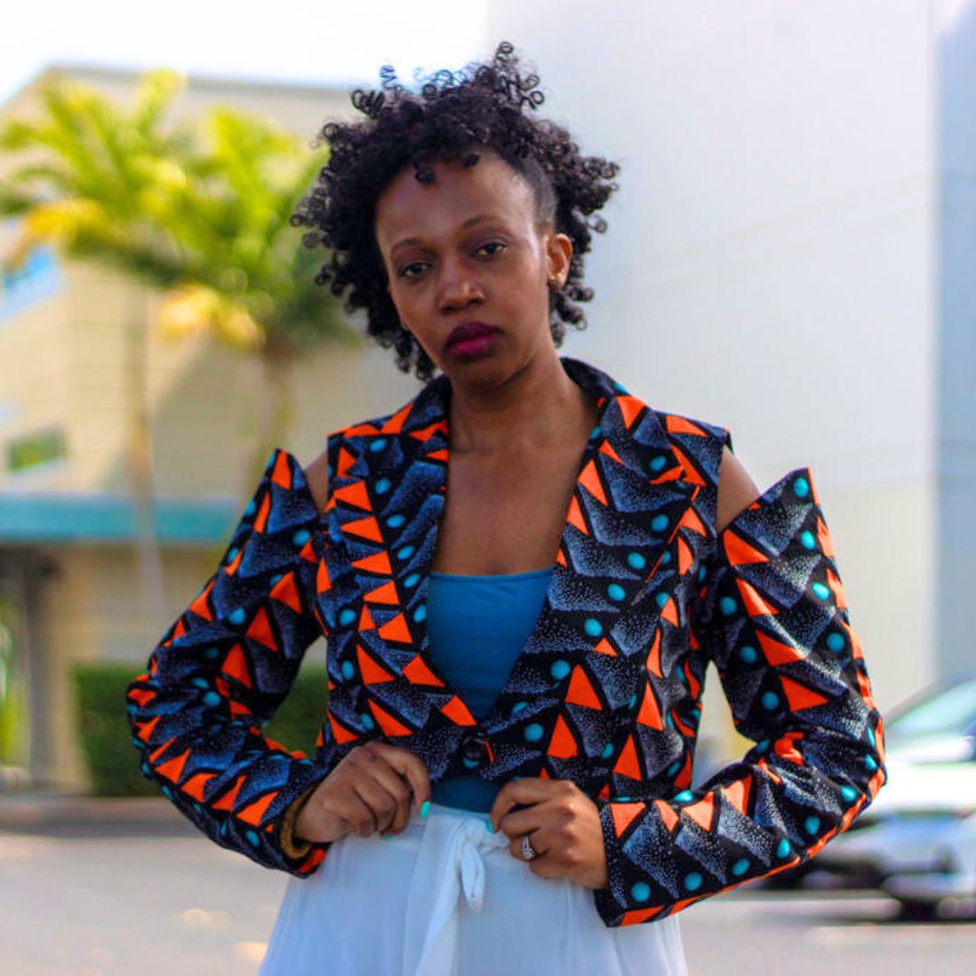 African Print /Ankara /Kitenge Crop Blazer Jacket- Orange, Teal, White & Black  with Drop Open Sleeves & Chic Open Back