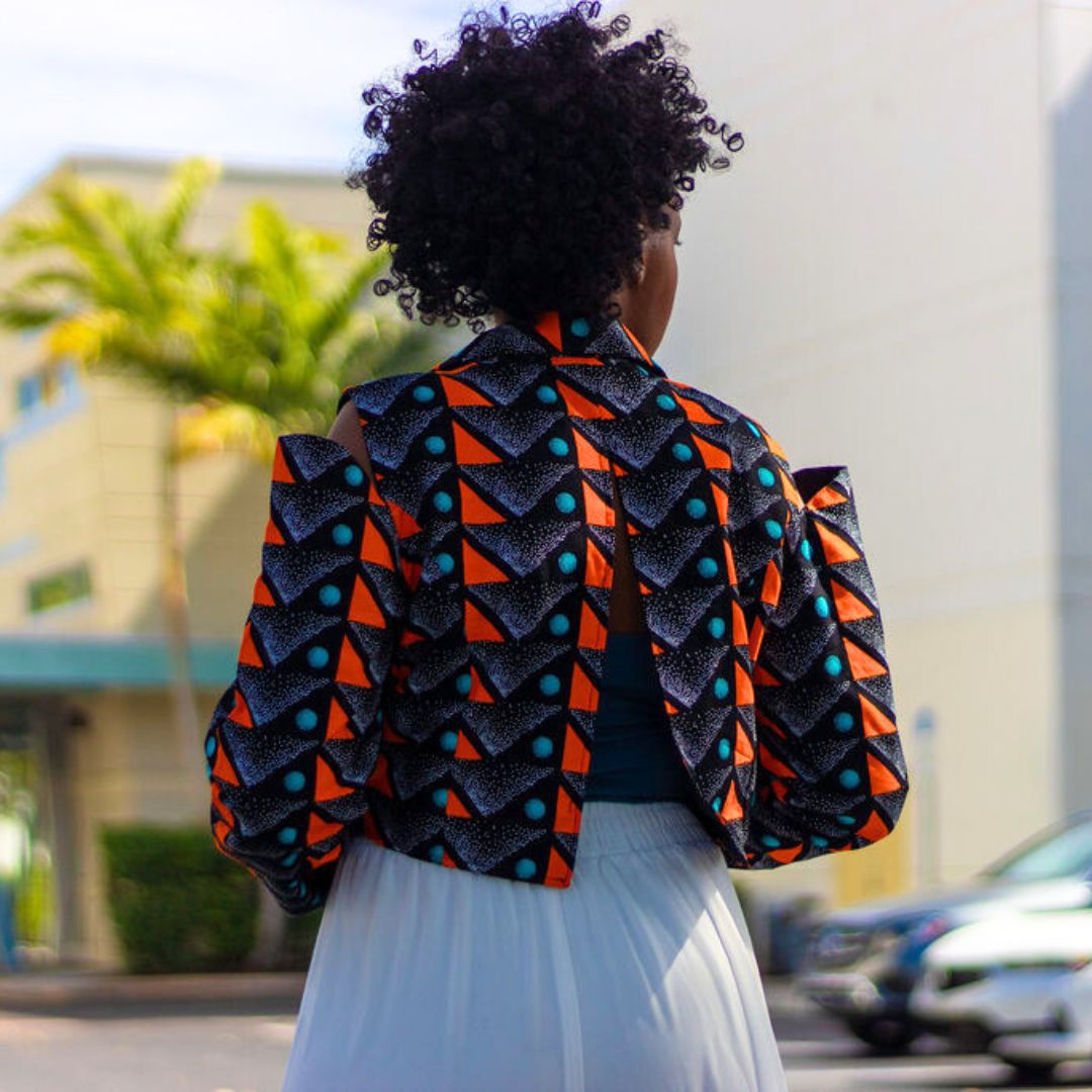 African Print /Ankara /Kitenge Crop Blazer Jacket- Orange, Teal, White & Black  with Drop Open Sleeves & Chic Open Back