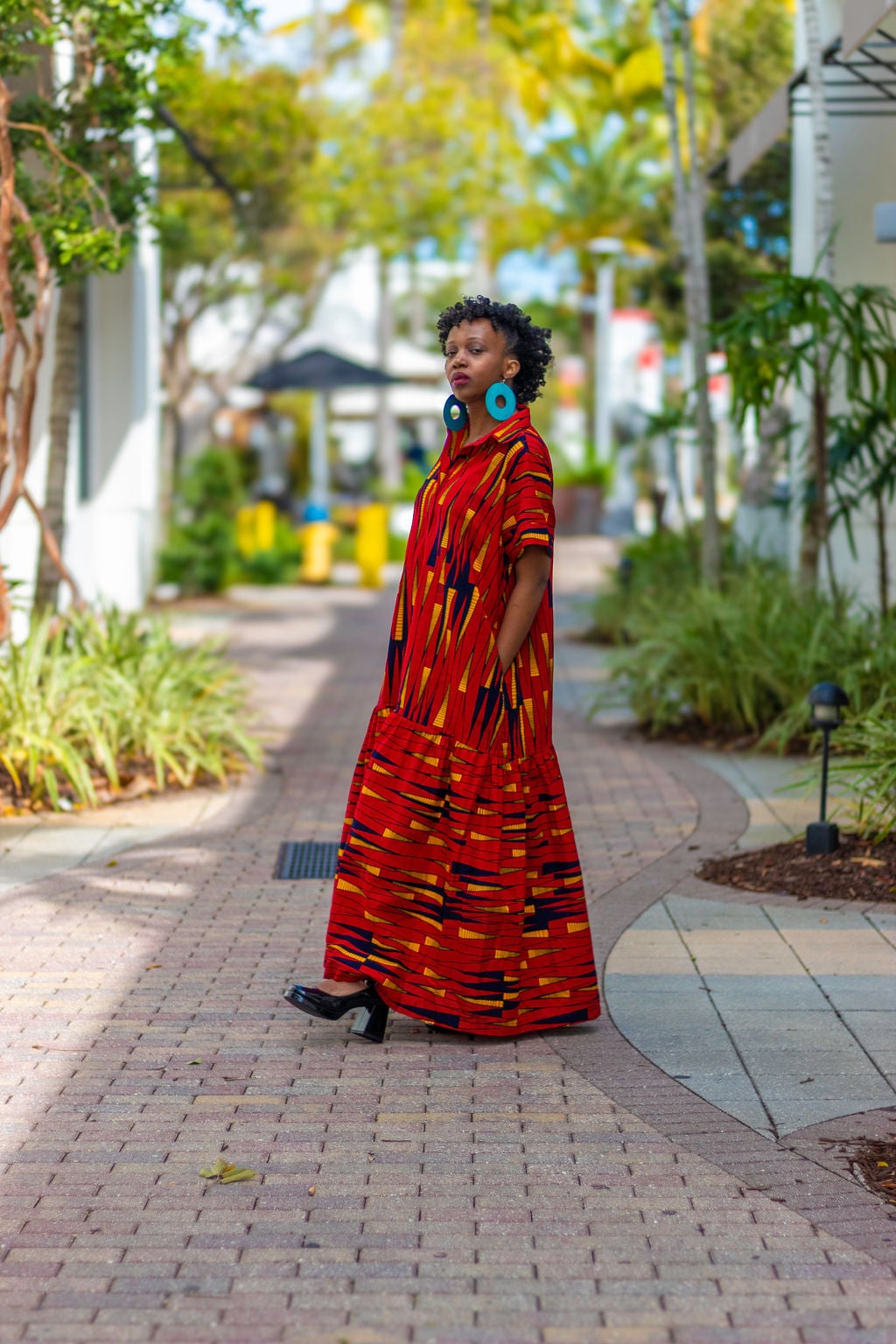 African Print /Ankara/Kitenge Maxi Dress - Red /Orange/Black Tribal Print Short Sleeved Button Down Long Shirt Dress