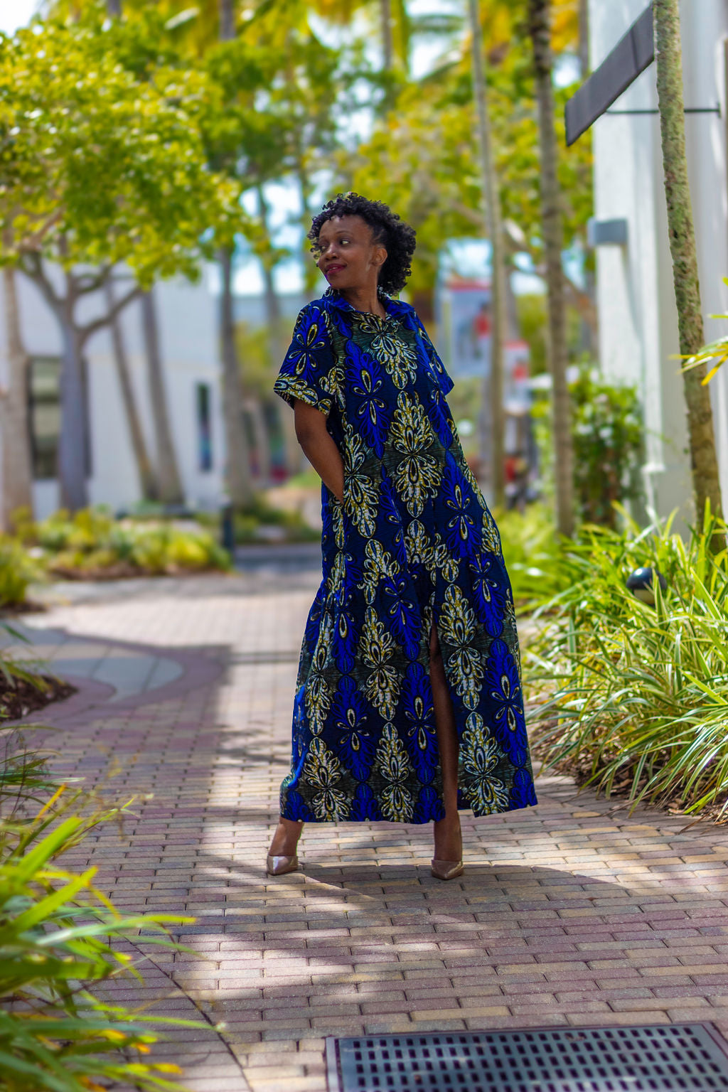 African Print /Ankara/Kitenge Maxi Dress - Royal Blue /Olive Green/Black Floral Print Short Sleeved Button Down Long Shirt Dress