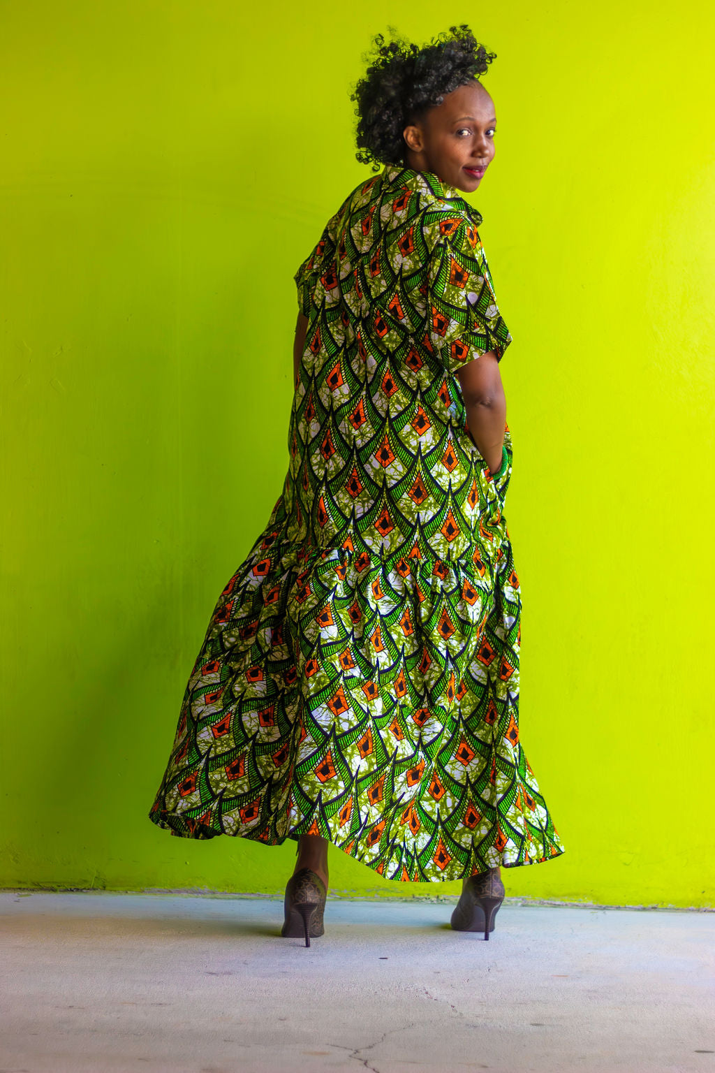 African Print /Ankara/Kitenge Maxi Dress - Lime Green /Orange/Black Tribal Print Short Sleeved Button Down Long Shirt Dress