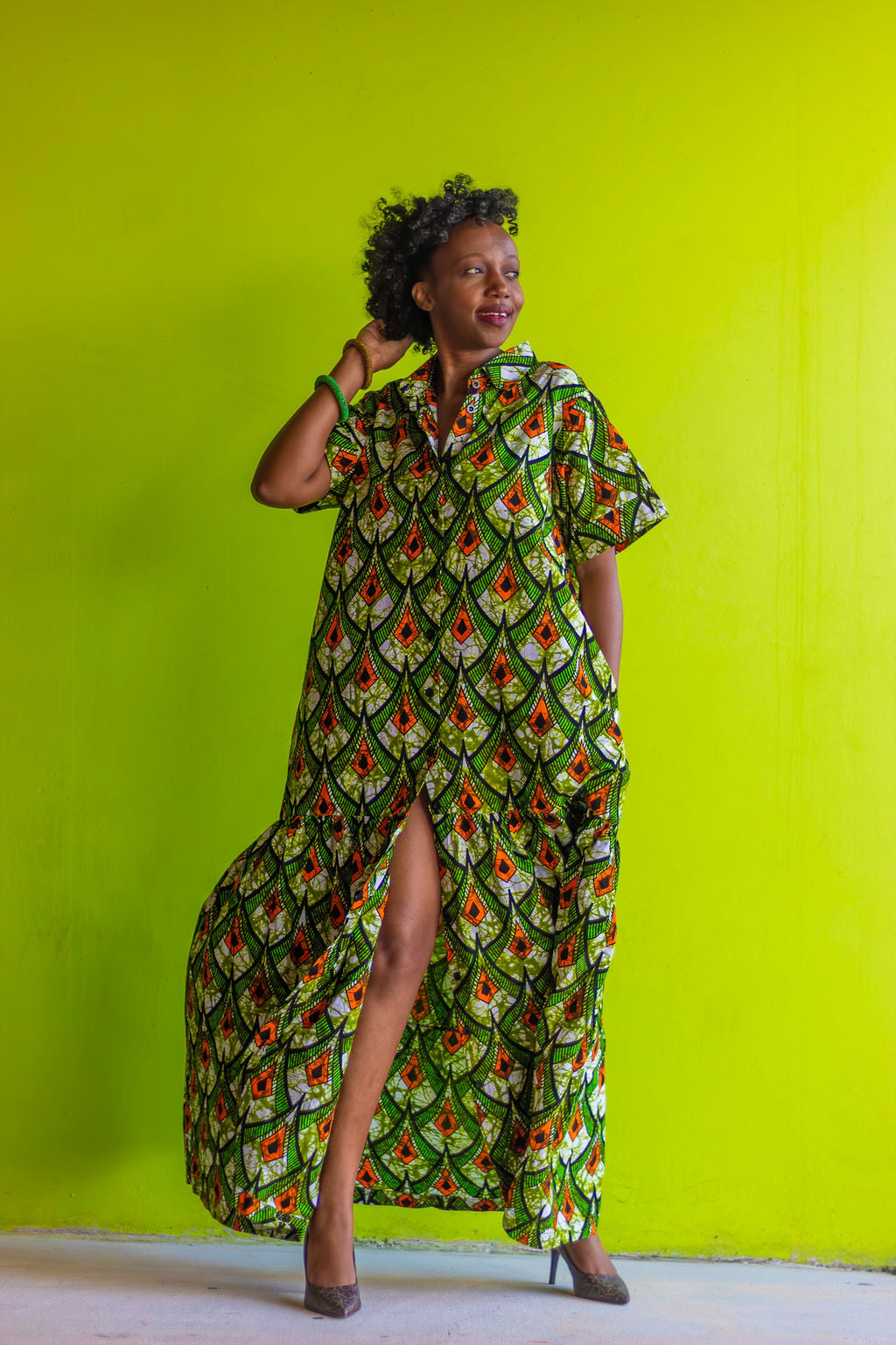 African Print /Ankara/Kitenge Maxi Dress - Lime Green /Orange/Black Tribal Print Short Sleeved Button Down Long Shirt Dress