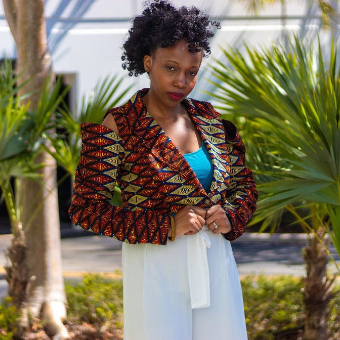 African Print /Ankara /Kitenge Crop Blazer Jacket- Red, Blue & Yellow  with Drop Open Sleeves & Chic Open Back