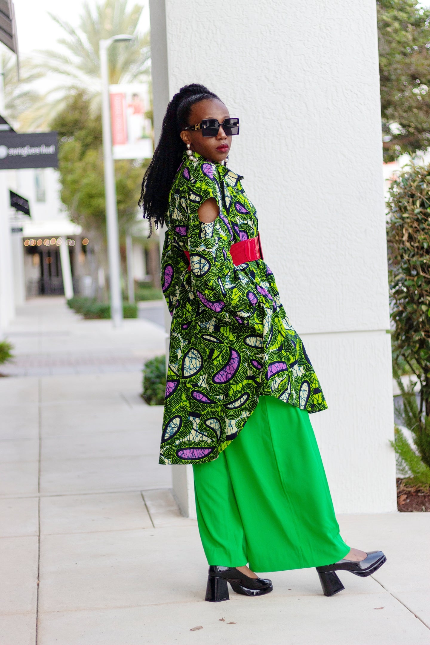 African Print/Ankara/Kitenge High-Low Oversized Shirt with Drop Sleeves and Pockets - Green/Purple/Cream White  and Black motif Print