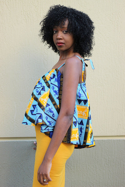 African Print Strap Flare Tawi Top - Mustard Yellow & Blue Kente Print - Africas Closet