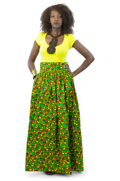African Maxi Skirt - Vine Floral Yellow and Green - Africas Closet