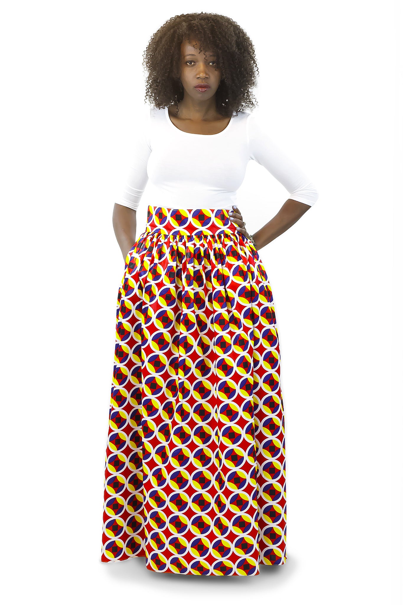 African Maxi Skirt - Concentric Print Red, White and Yellow - Africas Closet