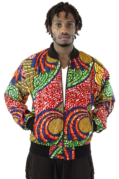 African Bomber Jacket - Blue/Red Swirl Print - Africas Closet