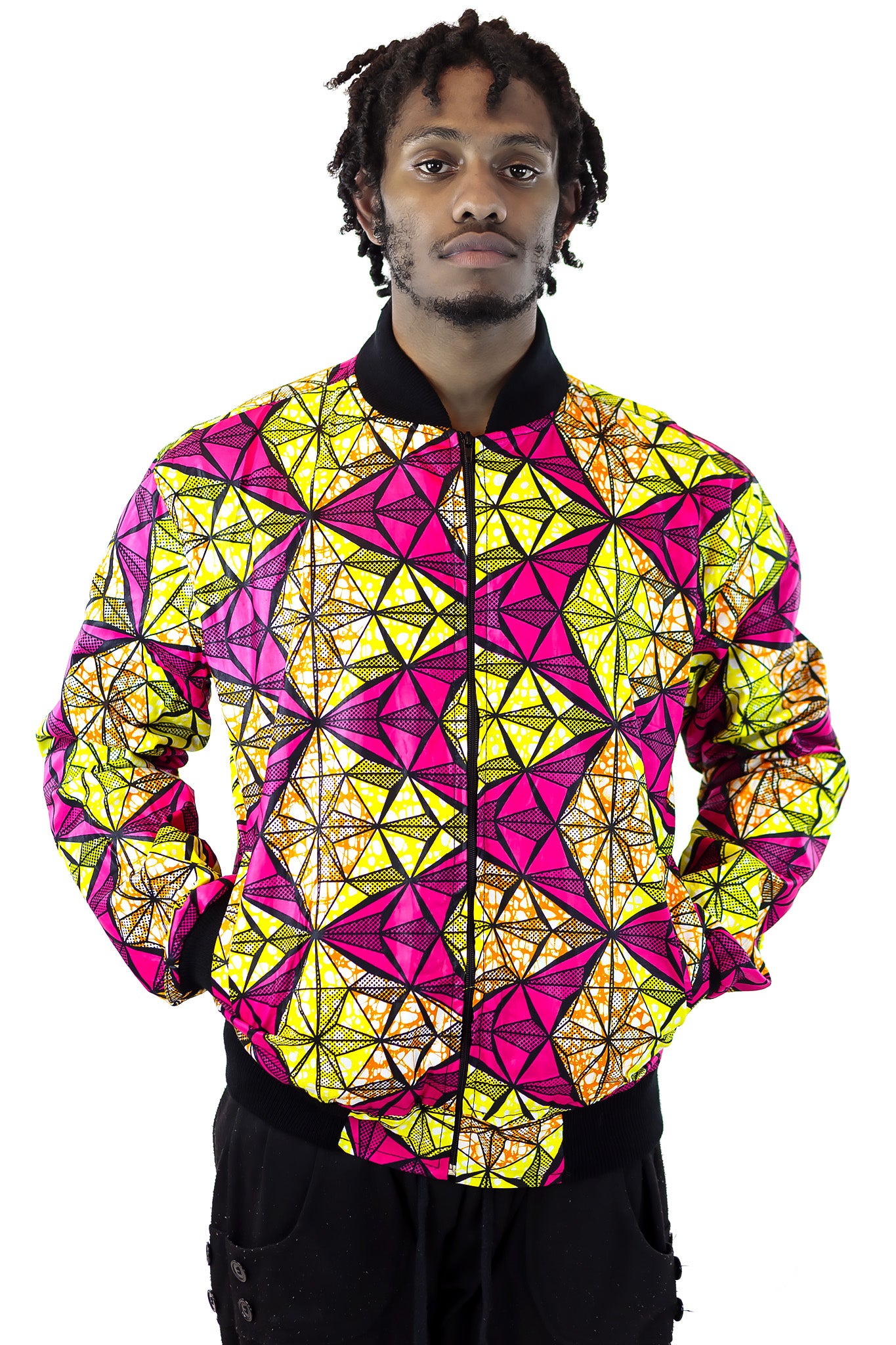 African Bomber Jacket - Pink/Yellow Geometric Print - Africas Closet