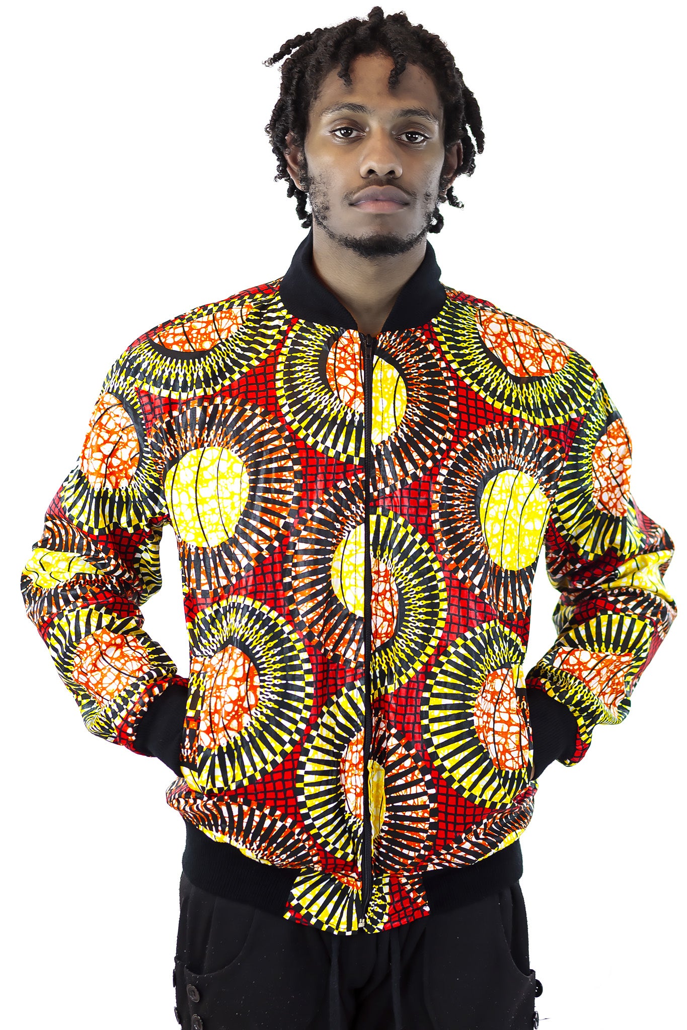 African Bomber Jacket - Red/Yellow Concentric Print - Africas Closet