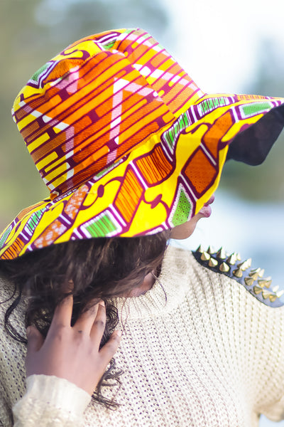 African Print Beach Hat - Orange/Yellow Geometric Print - Africas Closet