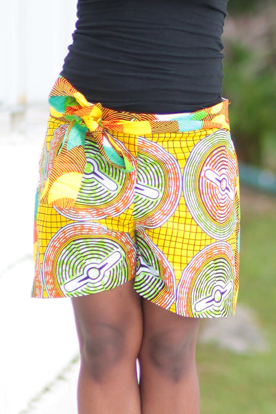 African Print/Kitenge  Beach Shorts-Double Sided Shorts Circles Yellow ,Green and Orange Print - Africas Closet