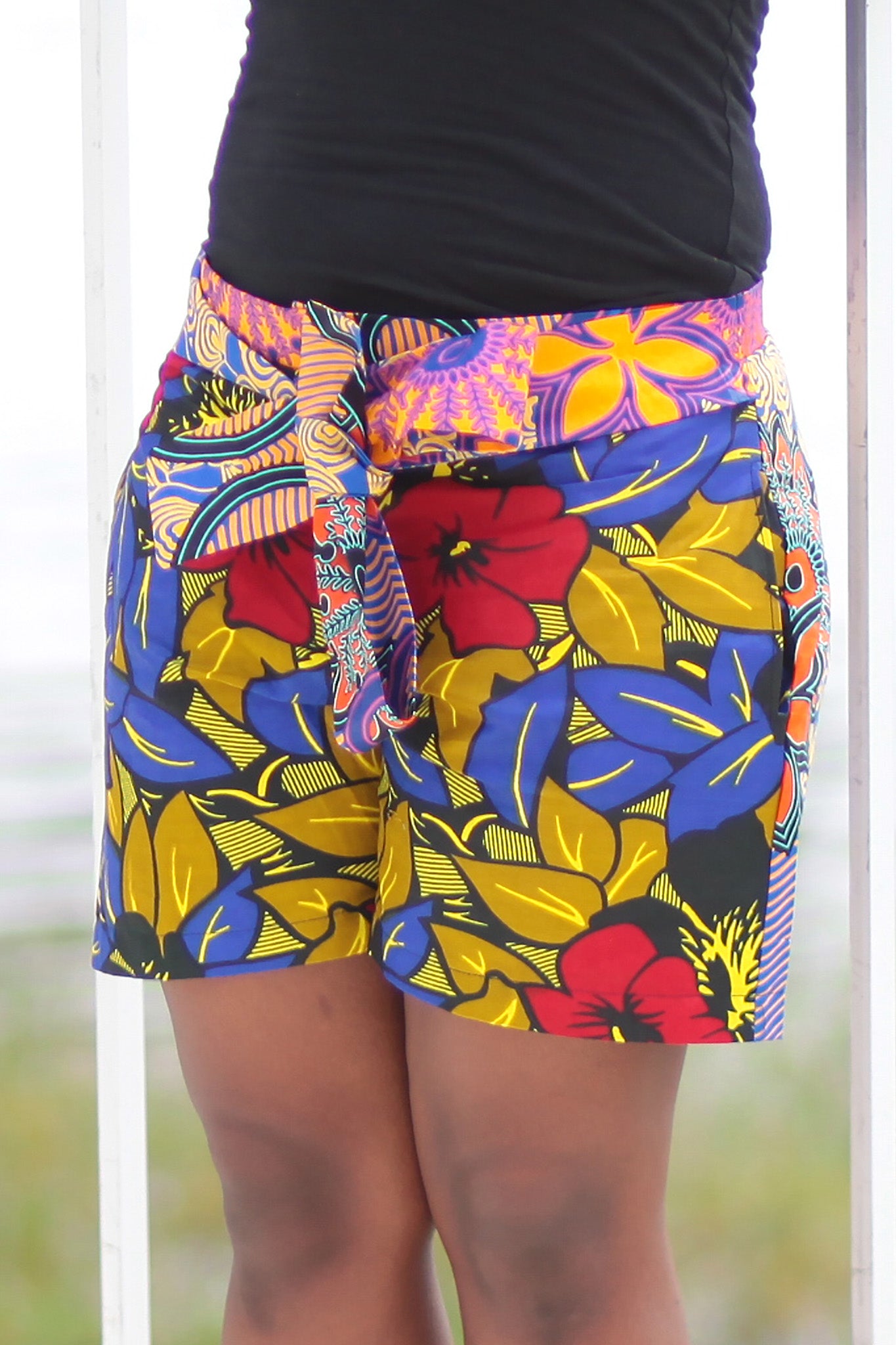 African Print/Kitenge  Beach Shorts-Red/Blue/Gold Double Sided Shorts Geometric Flowers - Africas Closet