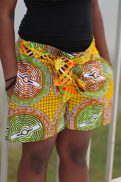 African Print/Kitenge  Beach Shorts-Duo Print(Yellow/Green/Brown Concentric Print) - Africas Closet