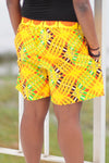 African Print/Kitenge  Beach Shorts-Yellow/Brown Geometric Print - Africas Closet