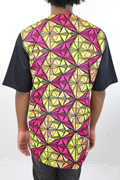 African Print Mens Shirt -  Pink/Yellow/Black GeometricPrint - Africas Closet