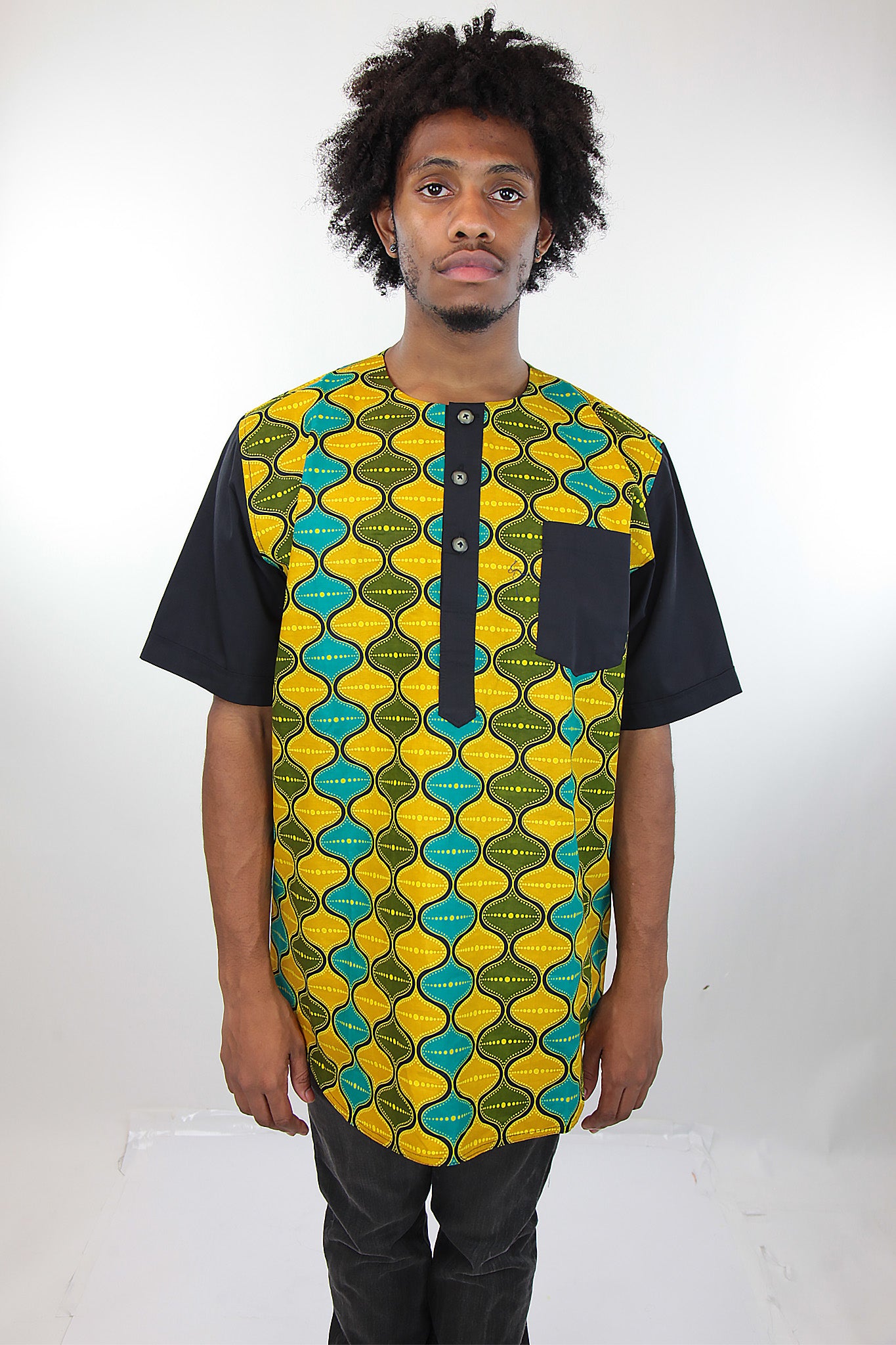 African Print Mens Shirt Yellow Green and Blue Shirt - Africas Closet