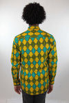 African Print Mens Shirt Button-Up Yellow Green and Blue Shirt - Africas Closet