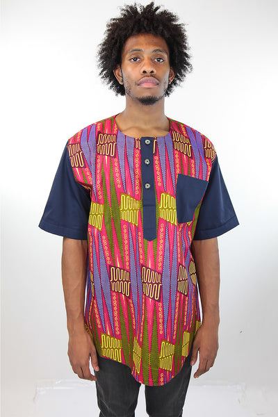 African Print Mens Shirt-Geometric Shirt Pink and Green Print - Africas Closet
