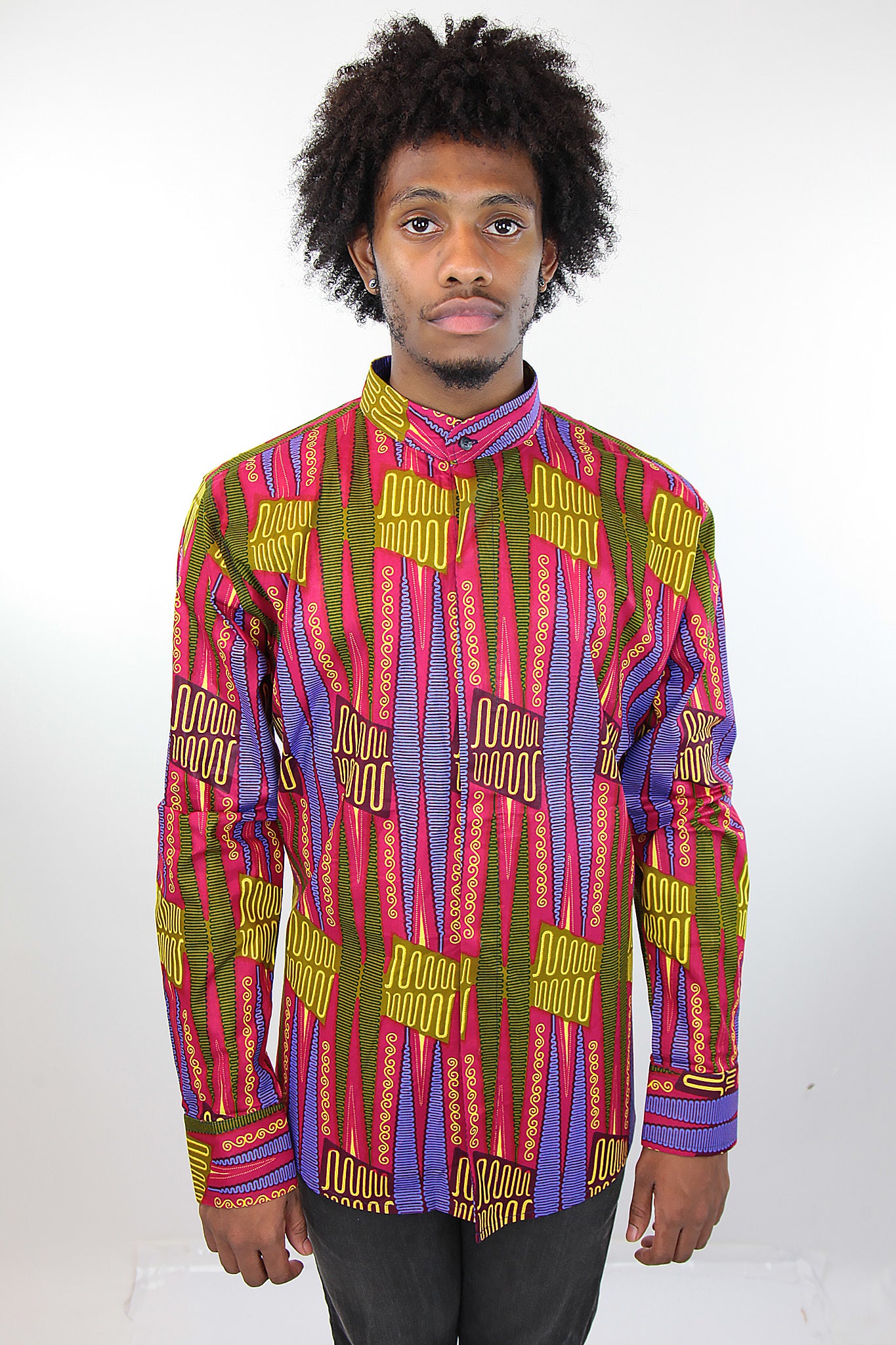 African Print Mens Shirt Button-Up Geometric Shirt Pink and Green - Africas Closet