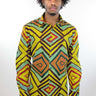 African Print Mens Shirt Button-Up Geometric Shirt Squares - Africas Closet