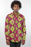African Print Mens Shirt Button-Up Triangle Shirt Pink and Yellow - Africas Closet