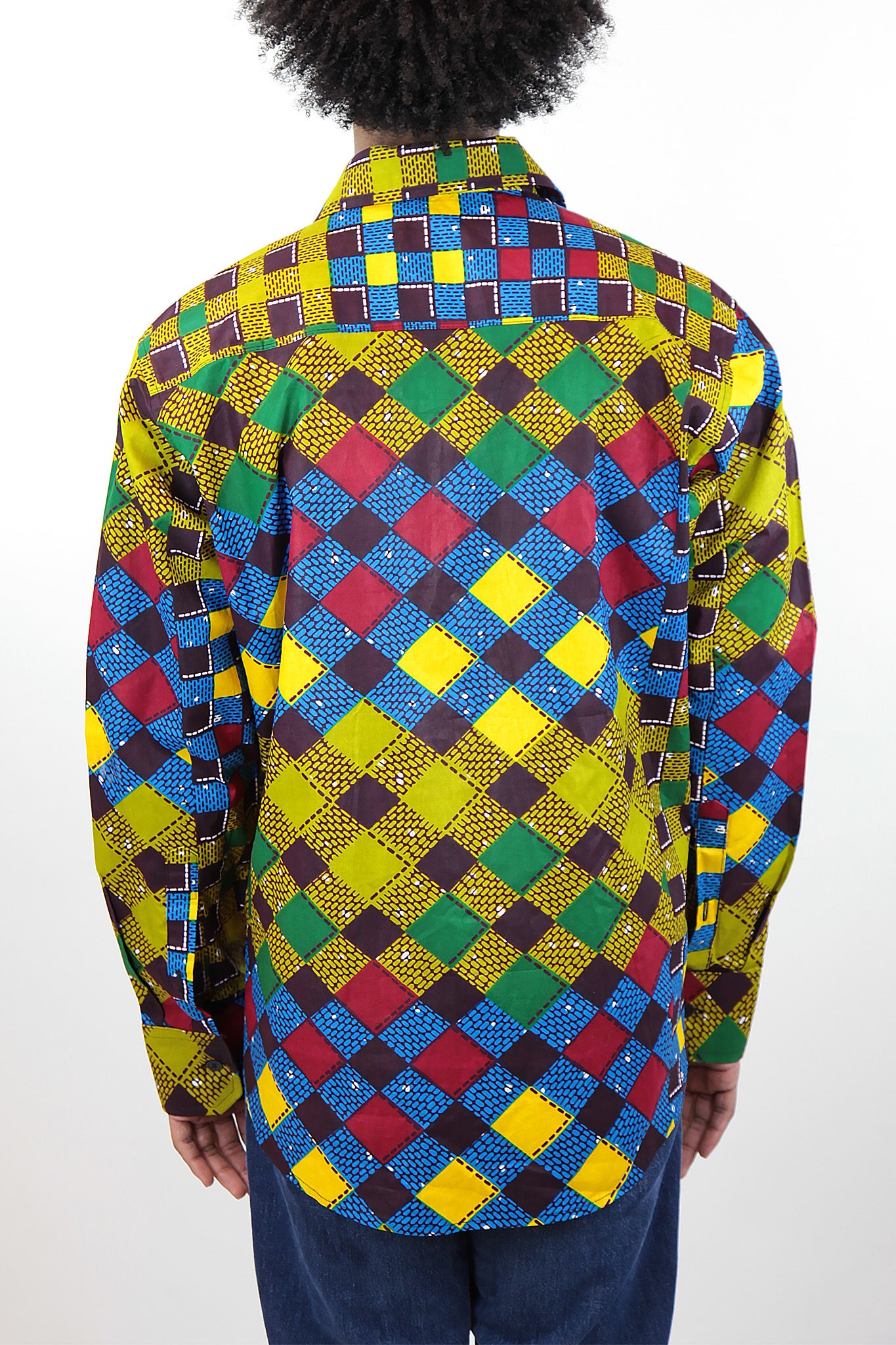 African Print Mens Shirt Button-Up Multicolor Checkered - Africas Closet