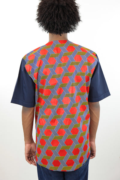 African Print Mens Shirt-Red/Navy Blue Geometric Print - Africas Closet