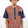 African Print Mens Shirt-Red/Navy Blue Geometric Print - Africas Closet