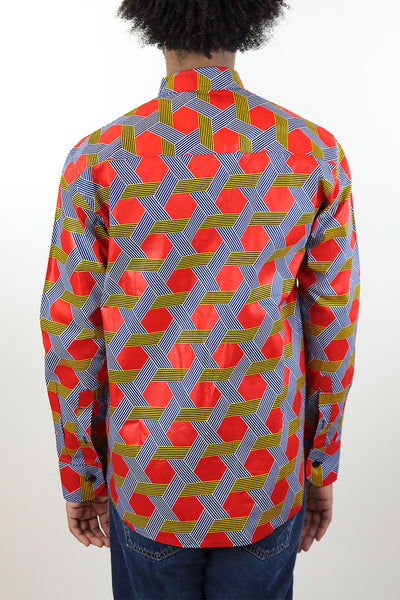 African Print Mens Shirt -Button-Up Hexagons Print - Africas Closet