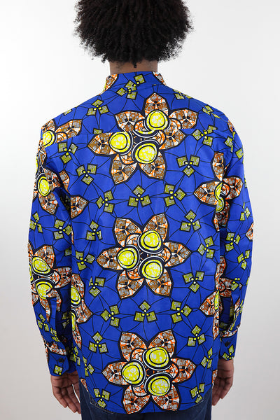 African Print Mens Shirt Button-Up Geometric Flower Print - Africas Closet