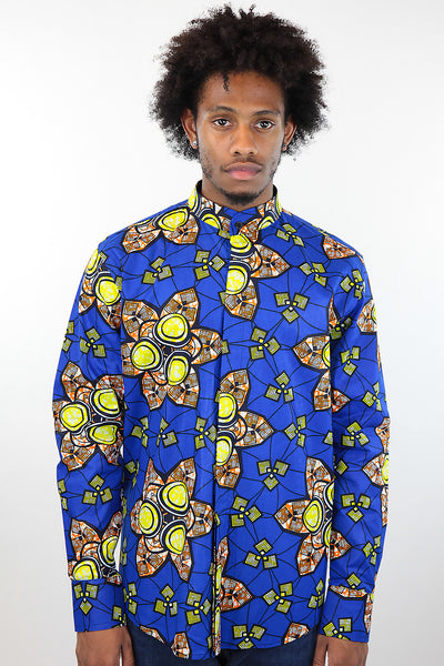 African Print Mens Shirt Button-Up Geometric Flower Print - Africas Closet