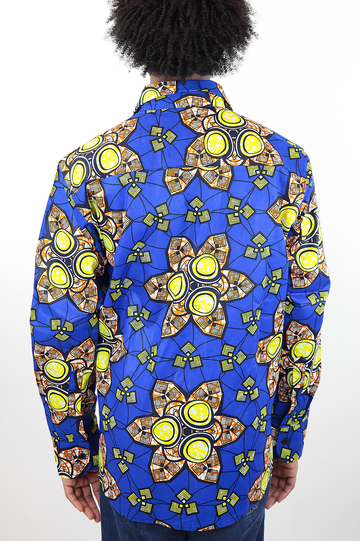 African Print Mens Shirt Button-Up Royal Geometric Floral Print - Africas Closet