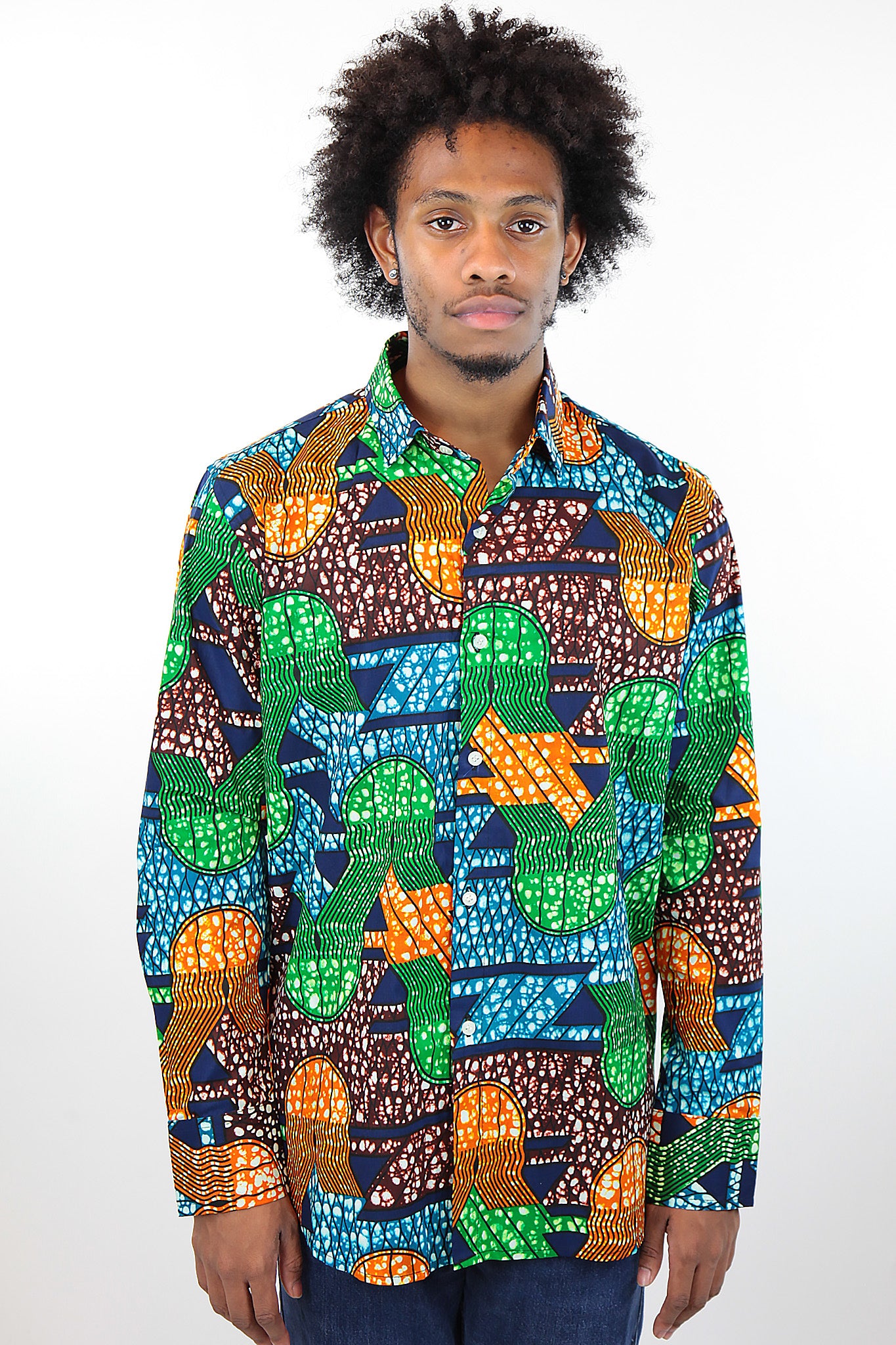 African Print Mens Shirt Button-Up Geometric Jellyfish - Africas Closet