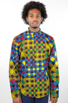 African Print Mens Shirt Button-Up  Blue/Jungle Multicolored Checkered - Africas Closet