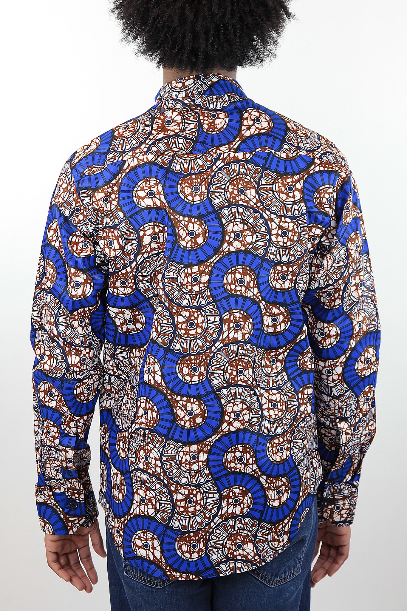 African Print Mens Shirt Button-Up Geometric Seashell - Africas Closet