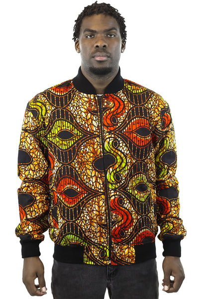 African Bomber Jacket - Green Red Gold Brown Abstract Curves - Africas Closet