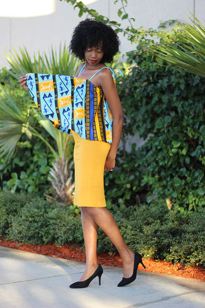 African Print Strap Flare Tawi Top - Mustard Yellow & Blue Kente Print - Africas Closet