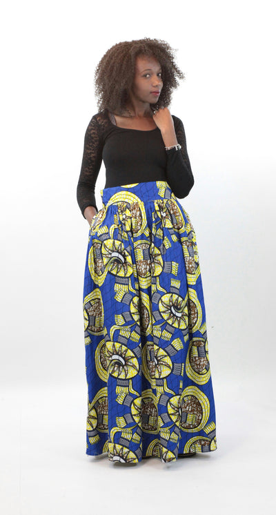 African Maxi Skirt - Floral Blue and Yellow - Africas Closet