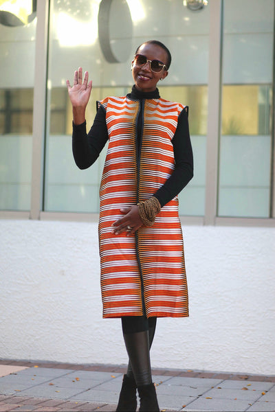 African Print Sleeveless Longline Shrug-Orange/White Fern Print - Africas Closet