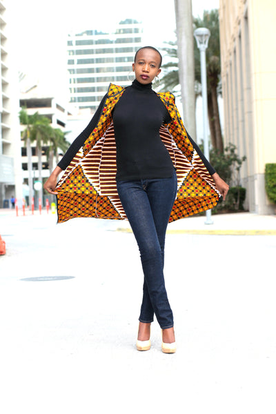 African Print Sleeveless Longline Shrug - Gold/Red Geometric Print - Africas Closet