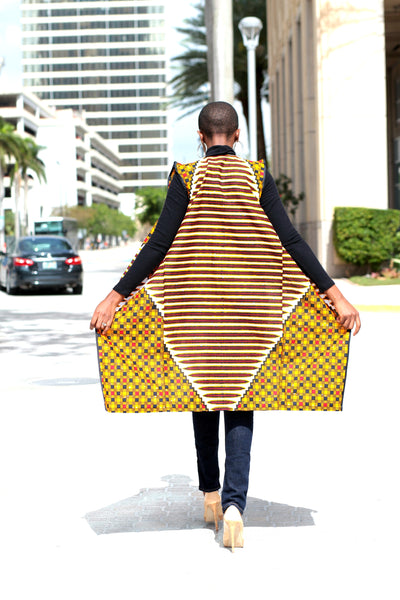 African Print Sleeveless Longline Shrug - Gold/Red Geometric Print - Africas Closet